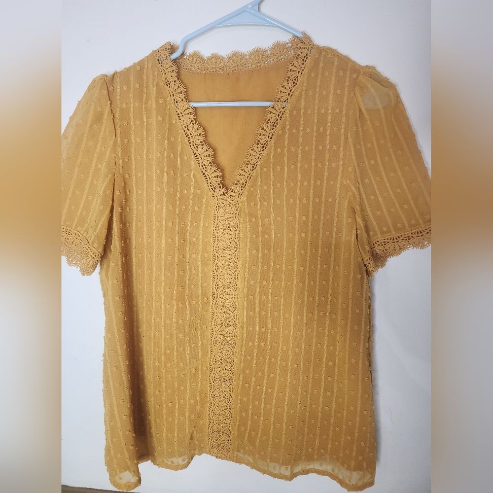 Source Unknown Mustard Yellow Lace-Trim Blouse